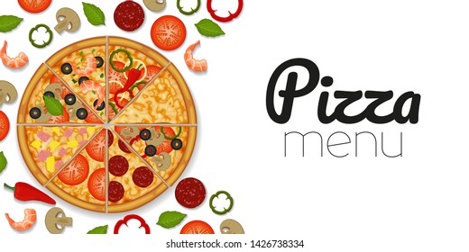 Pizza and ingredients for pizza on white background. Pizza menu. Object for packaging, advertisements, menu. Vector illustration. Realistic.