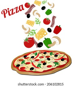 Pizza and ingredients on white background, vector illustration