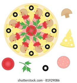 pizza and ingredients on white background