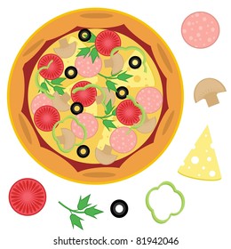 pizza and ingredients on white background