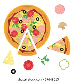 pizza and ingredients on white background
