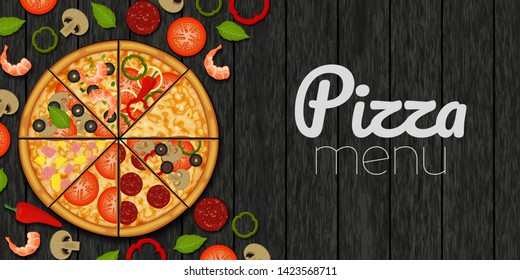 Pizza and ingredients for pizza on wood black background. Pizza menu. Object for packaging, advertisements, menu. Vector illustration. Realistic.