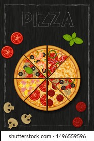 Pizza and ingredients for pizza on wood black background. Pizza menu. Flyer. Object for packaging, advertisements, menu. Vector illustration. Realistic.