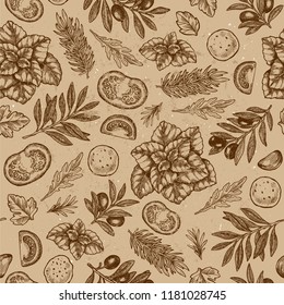 Pizza ingredients paper seamless pattern. Vintage style colored illustrations. Vector illustration