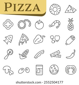 Pizza ingredients. Pizzeria icons. Quick lunch or dinner. Tasty Italian food thin line. EPS 10.