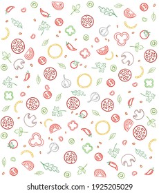 Pizza ingredients. Seamless pattern background. Sketch hand drawn color line illustration. Fast food.