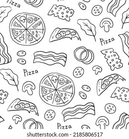 Pizza con ingredientes sin fisuras. Pizzería dibujada a mano que cae elementos en forma de caricatura de doodle en blanco y negro. Pizza redonda, trozo, rodaja, tocino, oliva, setas, cebolla. Paquete de mercado, cobertura