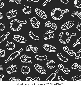 pizza ingredients seamless pattern in monochrome style