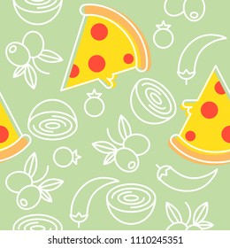 pizza and ingredients seamless pattern, outline for wallpaper and background