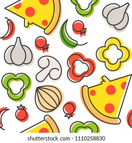 Pizza and ingredients seamless pattern, outline