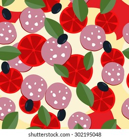 Pizza ingredients seamless pattern: sausage and cheese, tomatoes and olives. Vector background