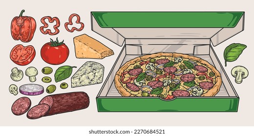 Pizza ingredients set colorful stickers with cheese and salami near mushroom pizza box for cafe menu design vector illustration