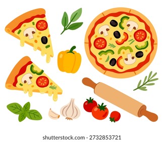 Ingredientes de pizza en estilo plano lindo para cocinar y tema de comida italiana. Ideal para menús, carteles, recetas y diseños infantiles.