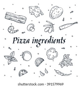 pizza ingredients set of hand drawn icons. Vector isolated on white background