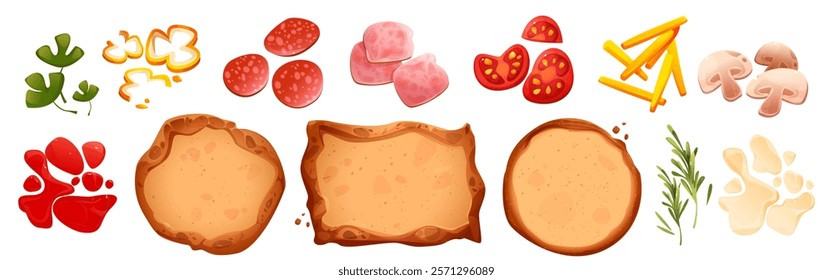 Pizza ingredients set isolated on white. Vector cartoon illustration of dough base, tomato, pepper, mushroom pieces, slices of ham and salami, ketchup sauce, olive oil, rosemary, italian fast food