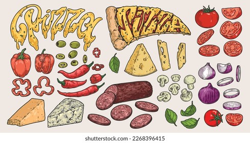 Pizza ingredients set logotypes colorful with whole and chopped vegetables or cheese and pepperoni for Italian pie vector illustration