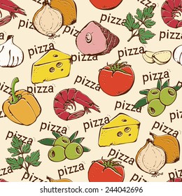 Pizza ingredients set seamless pattern, hand drawn food background