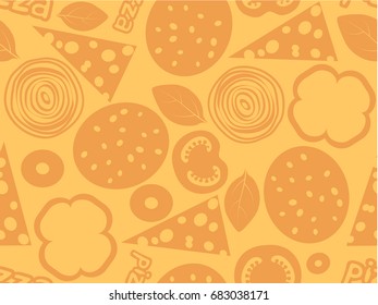 Pizza ingredients simple seamless pattern. Orange color background with salami, cheese, mushroom, olive, basil, tomato, paprika. Web page fill or wrapping paper backdrop.