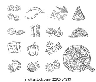 Pizza ingredients sketch. Italian pizzeria black doodle ingredeit set isolated, bacon herbs cheese mushrooms basil tomatoes salami onion