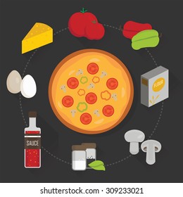 Pizza ingredients and pizza slice isolated on black.