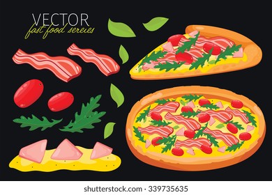 Pizza ingredients and pizza slice isolated on black