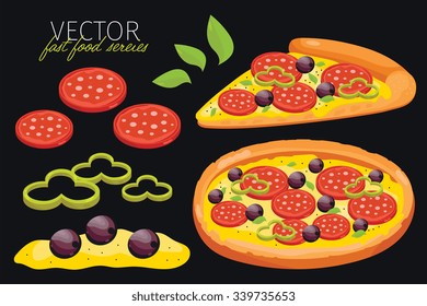 Pizza ingredients and pizza slice isolated on black