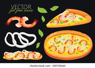 Pizza ingredients and pizza slice isolated on black. Poster fast food menu design elements. Layout of pizza menu with appetizer pizza vector illustration.