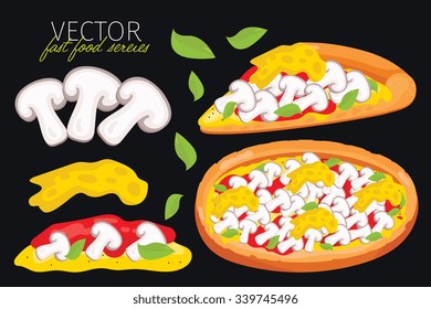 Pizza ingredients and pizza slice isolated on black. Poster fast food menu design elements. Layout of pizza menu with appetizer pizza vector illustration.