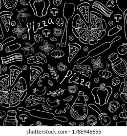 Pizza with ingredients and supplies hand drawn background. Food doodles seamless pattern. Vector illustration.