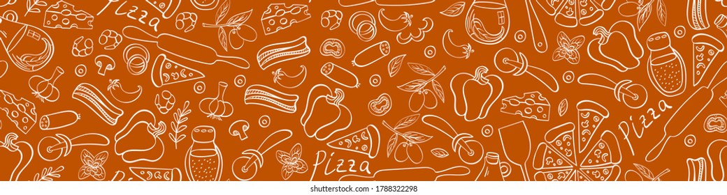 Pizza with ingredients and supplies hand drawn seamless border. Food doodles on brown background. Vector illustration.