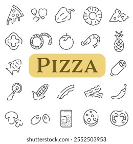 Ingredientes de pizza. Saborosa cozinha italiana linha fina com espaço. Ícones de Pizzaria. Rápido almoço ou jantar. EPS 10.