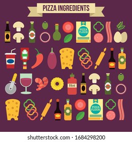 Pizza ingredients - tomato, olive, onion, pepper, mushroom in flat design.Top view vector.