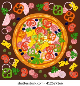 Pizza and ingredients: tomatoes, salami, black olives and other. Vector illustration for menu or games.