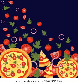 Pizza. Pizza ingredients. Vector background. Vector illustration on a blue background