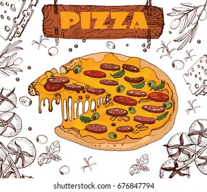 pizza ingredients vector illustration , hand drawing ,white background , isolated