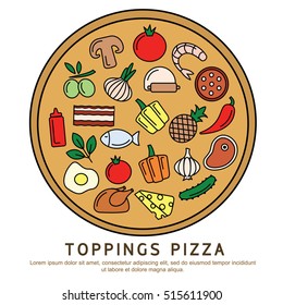 Pizza ingredients is vector illustration for web, brochure and banner. Vector clip art of pizza toppings. Outline icon collection