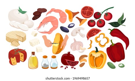 Pizza ingredients vector illustrations set.Mushrooms,seafood,Spices,vegetables isolated on white background.Different Cheeses Types,vegetables,Pizza cooking food.Salt and pepper shakers.Italian snack