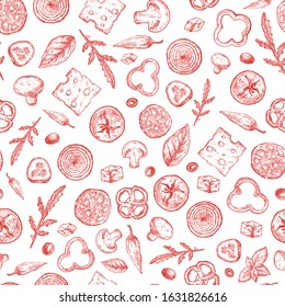 Pizza Ingredients Vector Seamless Background Pattern. Hand Drawn Tomato, Salami, Mushrooms, Cheese and Vegetables Sketches. Food Card, Wrapping, Wallpaper or Cover Template.