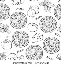 Pizza ingredients vector seamless pattern, hand drawn food background