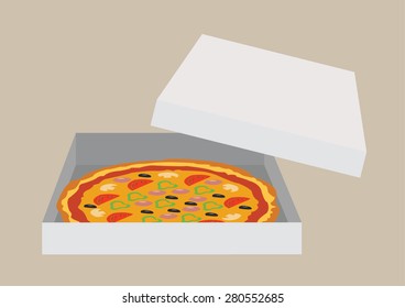 Pizza inside the paperbox. Vector Illustration