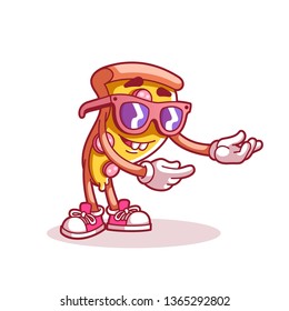Pizza invites to visit. Line color. Cartoon sticker in comic style with contour. Decoration for greeting cards, posters, patches, prints for clothes, emblems. Modern flat style vector illustration