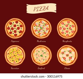 Pizza isolated flat design set with pepperoni mushroom margherita hawaiian seafood cheese