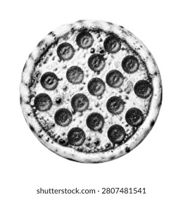 Pizza isolated in halftone style. Retro black and white illustration for fast food menu, packaging and restaurant branding.