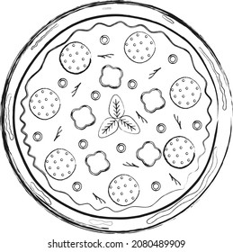 Pizza isolated on a white background. Pizza food vector flat illustration. Black and white board drawing. Pizza icon.