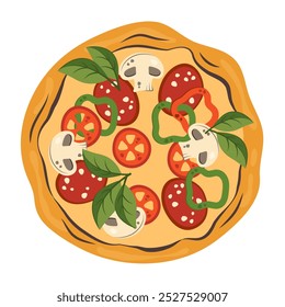 Pizza isolada sobre fundo branco. Pizza de pepperoni com fatia de cogumelos, salsicha, pimenta, tomates, manjericão. Deliciosa comida italiana com queijo derretido. Ilustração plana vetorial para entrega, café