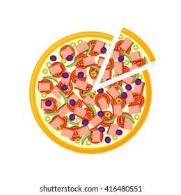 Pizza isolated on white background. Pizza Icon in a flat style. Pizza with ham, olives and tomatoes. Vector illustration.