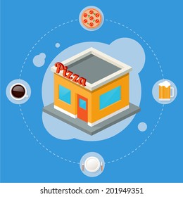 Pizza isometric building, flat icons, stylish background 