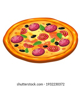 Pizza isometric with ingredients tomato, salami, cheese, mushrooms. Vector illustration