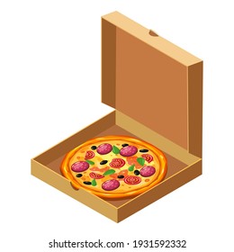Pizza isometric in open cardboard box. Package template, delivery, flat design. Vector