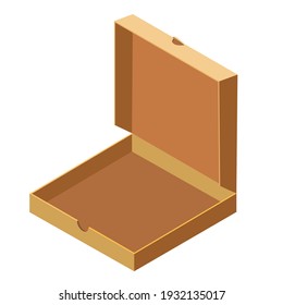 Pizza isometric open cardboard box, delivery. Package template, flat design. Vector
